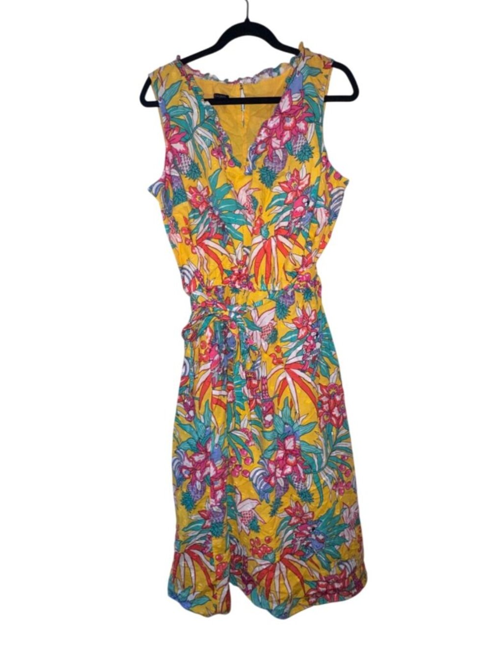 Talbots Yellow Floral Sleeveless Plus-Size Romper 16W With Tie Waist